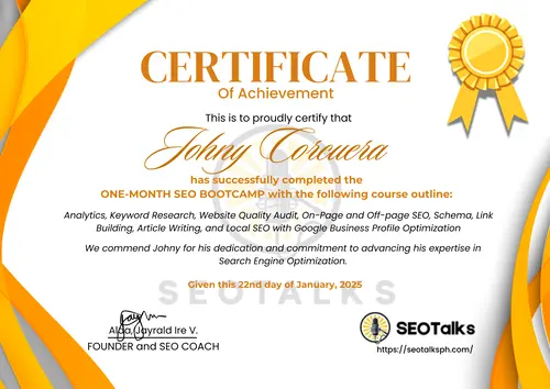 SEO Certificate awarded to Johny Corcuera for training in on-page SEO techniques, link building strategies, local SEO campaigns, and analytics proficiency.