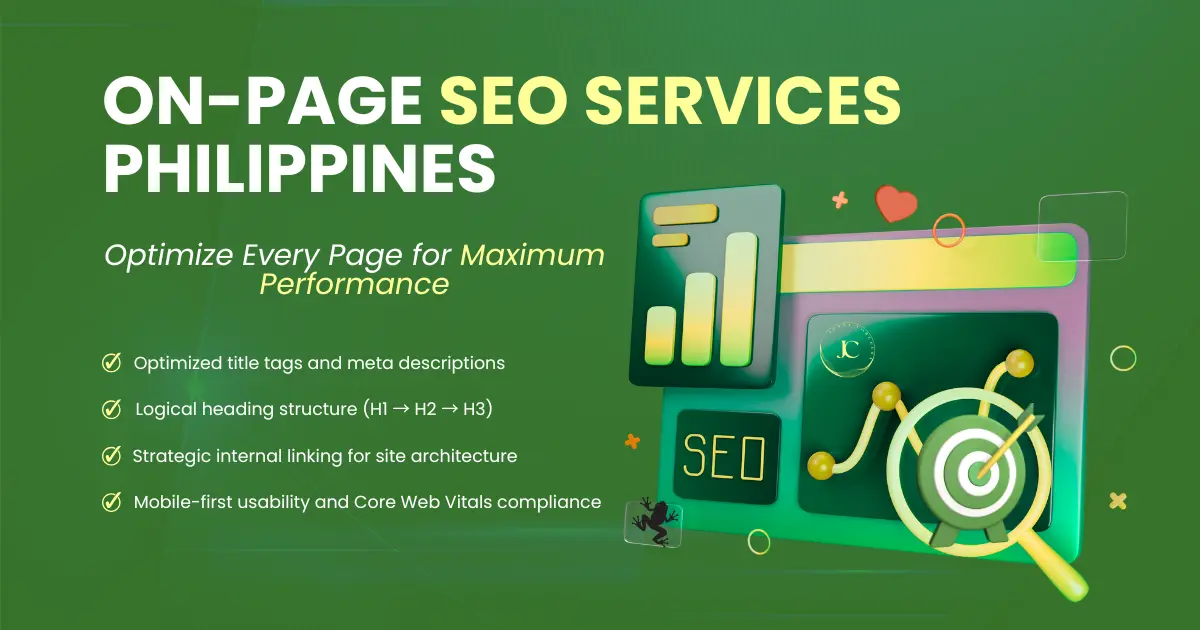 On-page SEO services in the Philippines showing optimized headings, internal links, and performance improvements for better rankings and user experience.