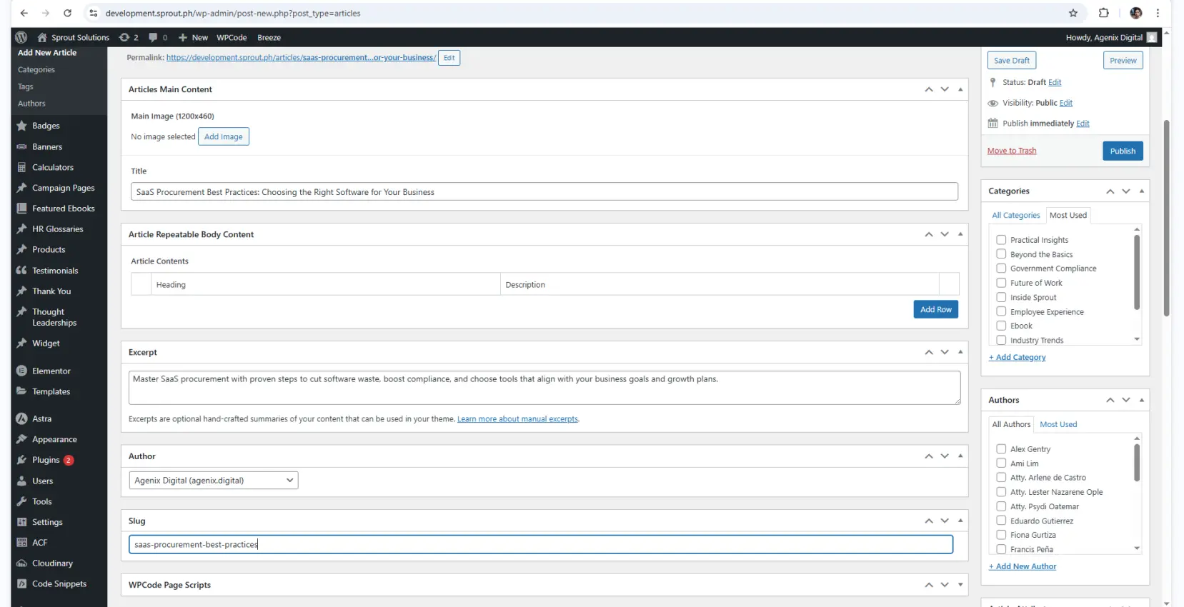 WordPress editor showing optimized headings, internal links, metadata, and performance improvements applied to real website pages.