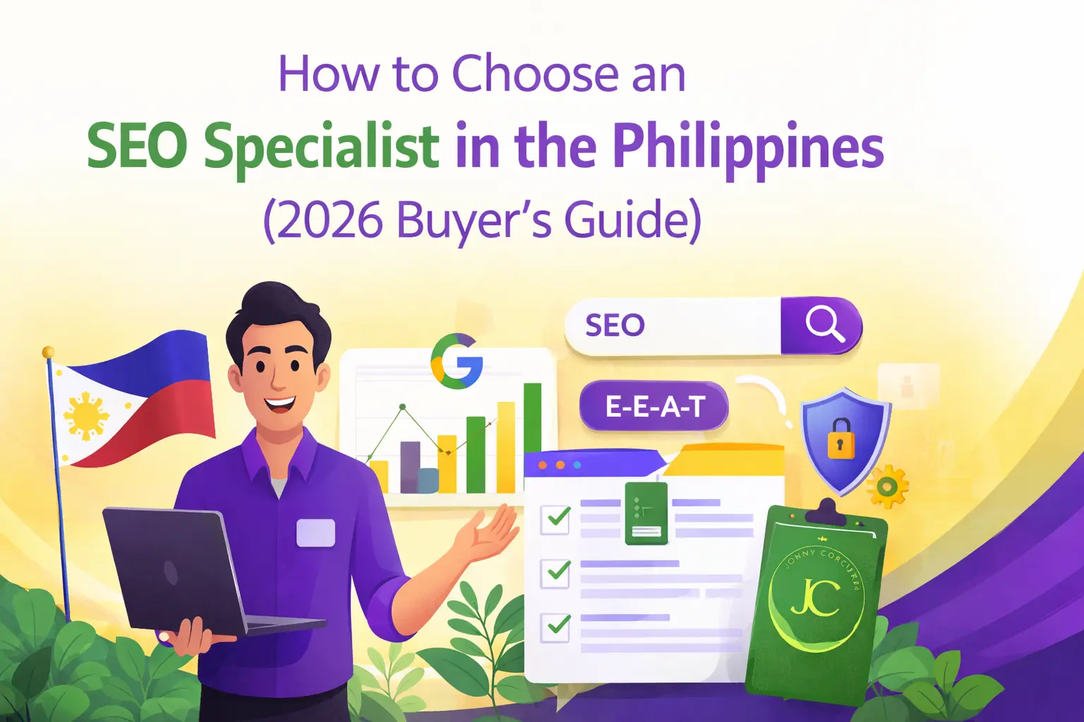 How to choose an SEO specialist in the Philippines 2026 buyer’s guide illustration with SEO checklist and JCcorcuera logo.
