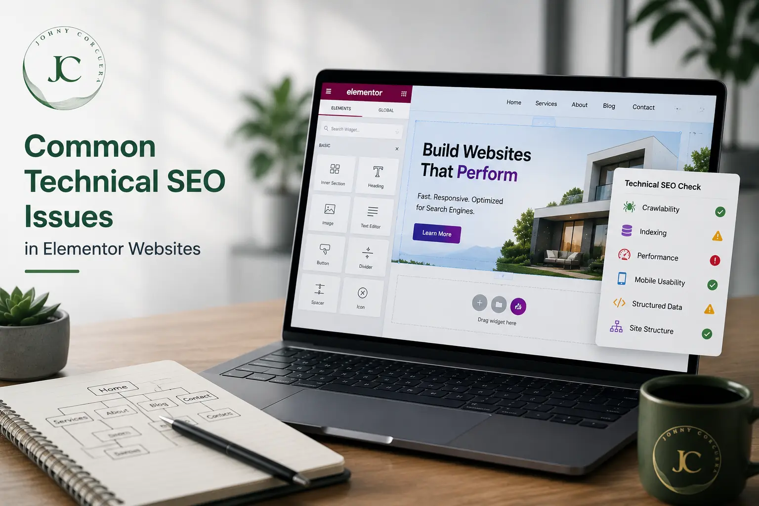 Elementor website showing common technical issues that can affect search visibility and website performance