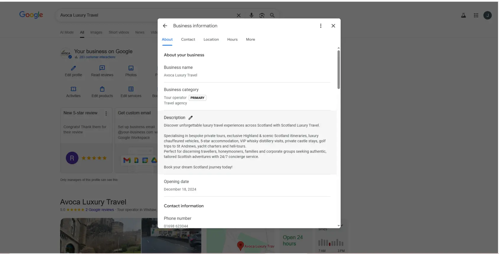 Google Business Profile business information showing category selection, business description, and profile details used for local SEO optimization