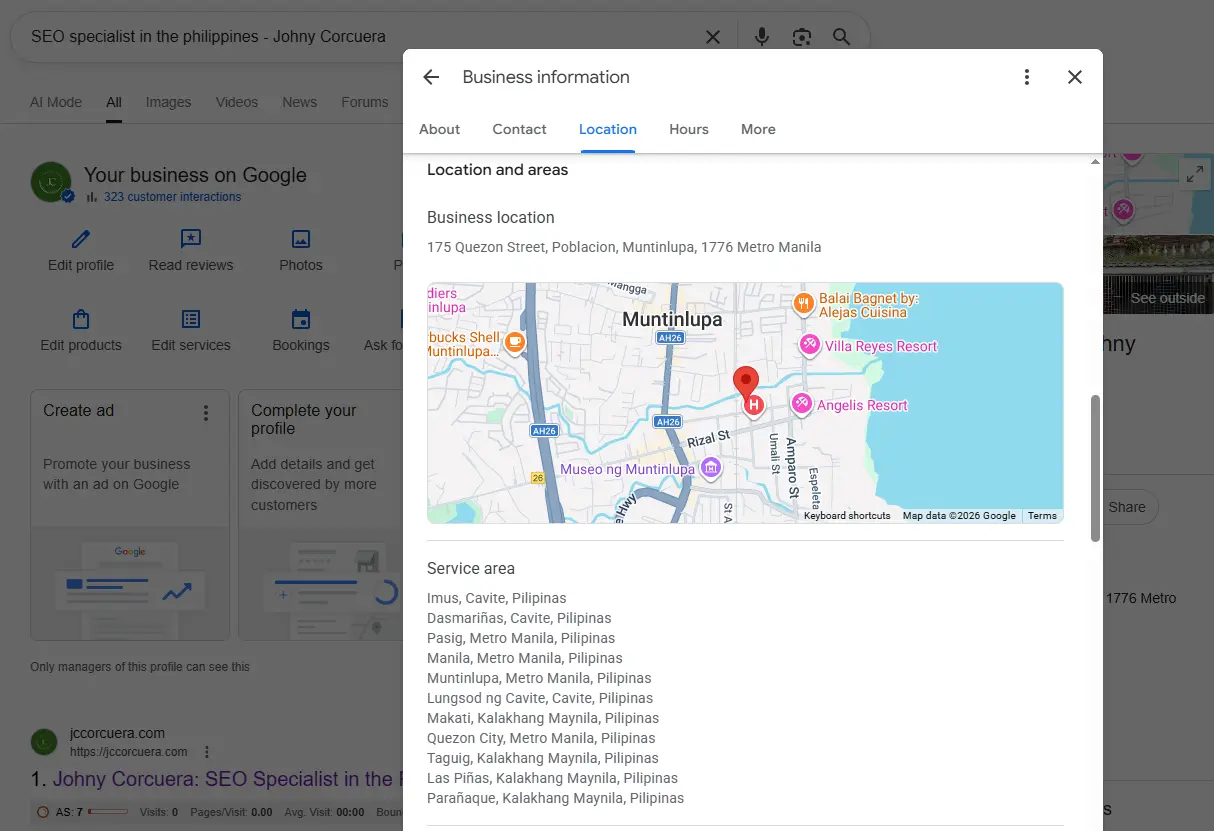 Google Business Profile service area configuration showing multiple target locations for local search visibility