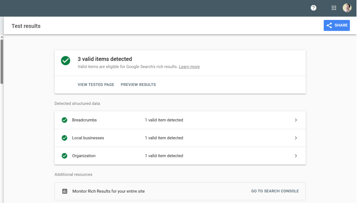 Structured data validation showing valid breadcrumb, local business, and organization schema implementation