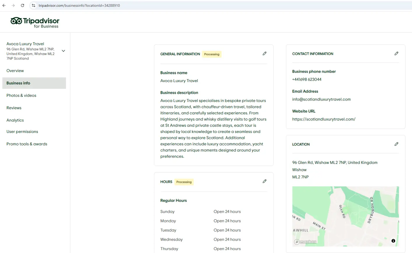 Business citation listing showing name, address, phone number, website, and business information used for local SEO consistency
